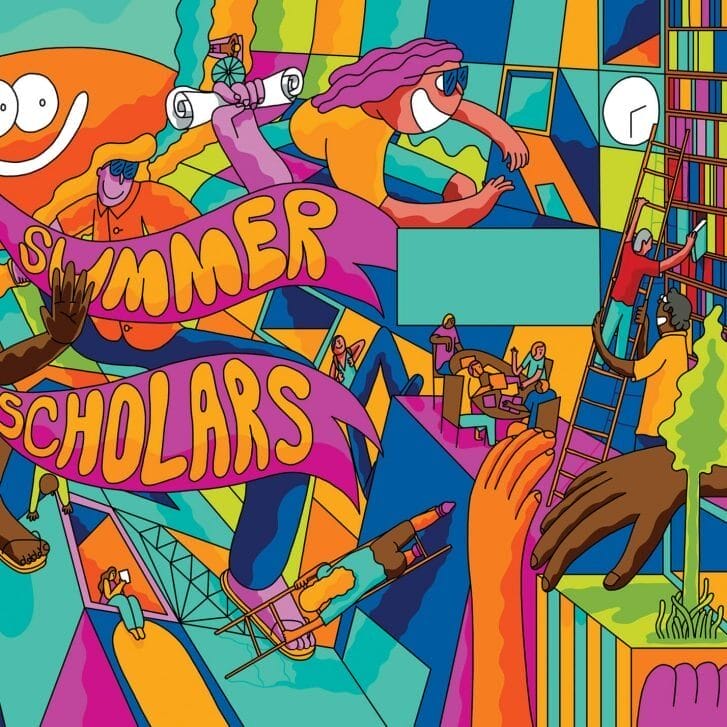 summer scholars colorful illustration of people exploring a library