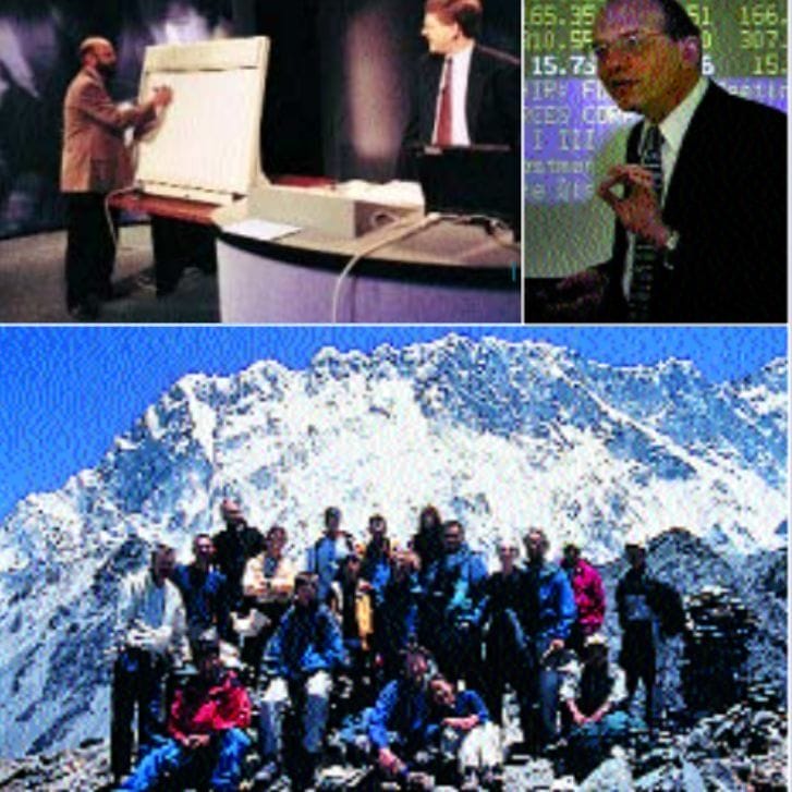 Collage of people doing different things. Picture one is of a man sitting at a desk learning from another at a whiteboard. Second picture is of a man standing explaining a concept. Middle picture is of a group of people standing together at a mountain. Bottom left picture is of people standing at steps. Bottom right picture is two men pictured together with a model between them.