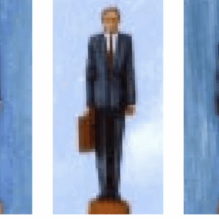 Pixelated and animated picture of three people side by side. From left to right we have a woman, and two men. All are in business atire