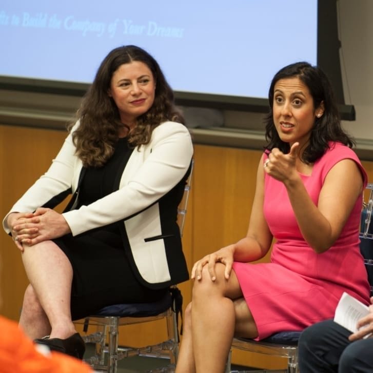 Alumnae author panelists Sandra Shpilberg and Erica Dhawan with Wharton Magazine editor Rich Rys.