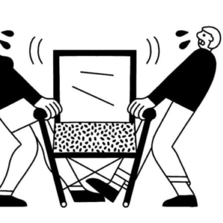 Illustration of two people fighting over a True Places chair.