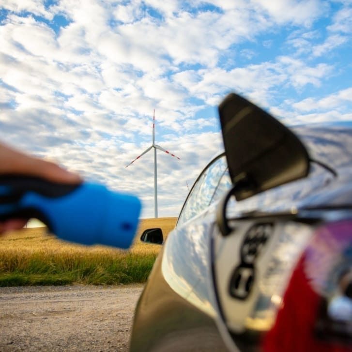 An electric car being charged with a wind turbine in the background.