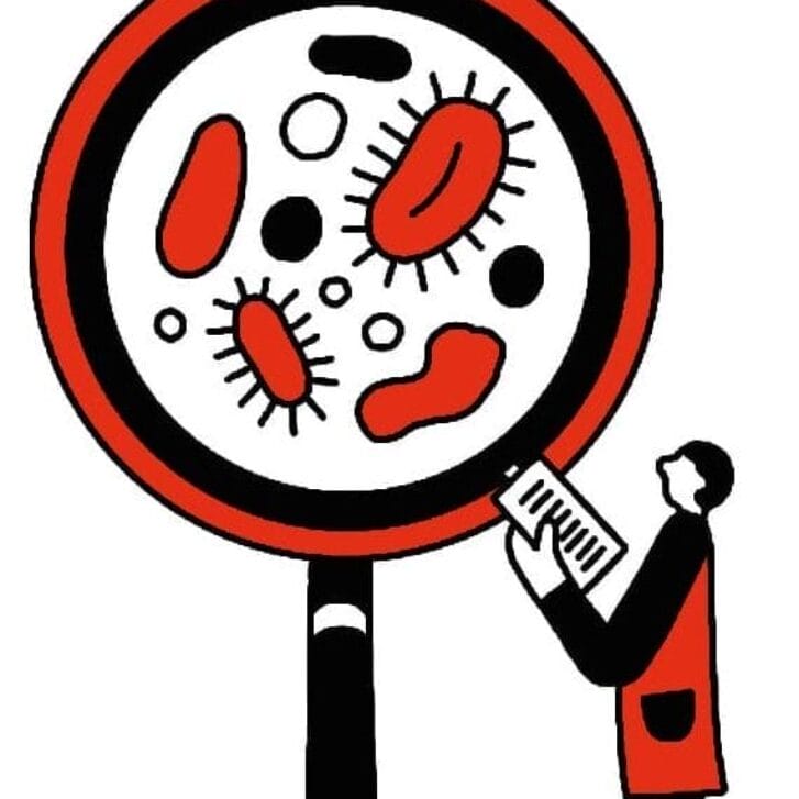 Red, white, and black illustration of a medical professional staring up at a large microscope with cells under the glass.