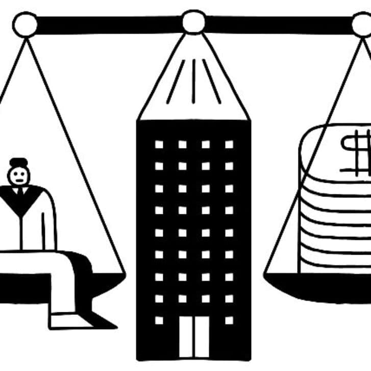 Illustration of a scale with a man in a suit on one side and money on the other.