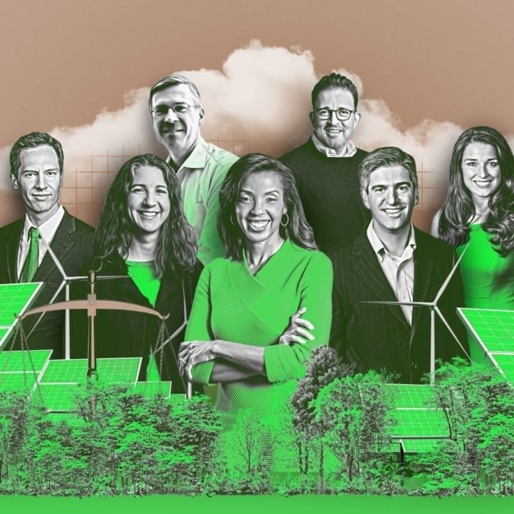 Collage of Wharton professors and an alumnus standing among items such as trees, solar panels, and energy windmills.