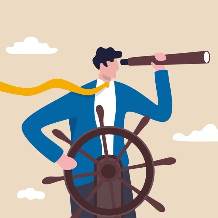 Illustration of a businessman in suit at steering wheel of ship looking through telescope.