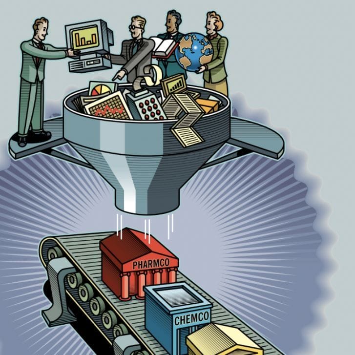 Animated picture of a group of people that are working together to put in objects such as computers, calculators, and graphs into a cone. At the bottom of a cone we see three buildings representing companies in different industries