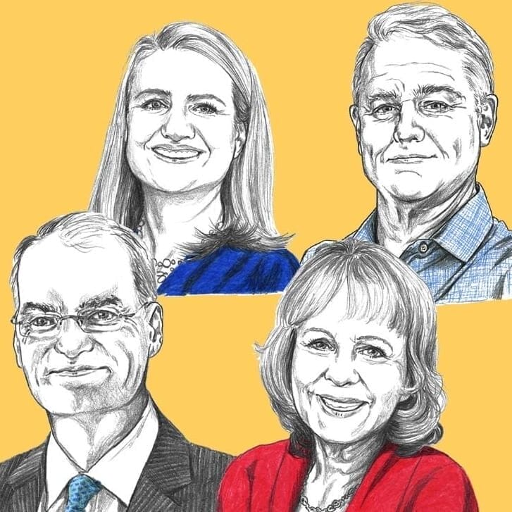 Illustration of four alumni, each in business attire.