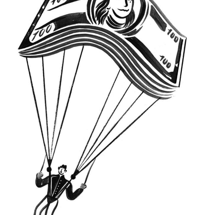 Man attached to a money parachute