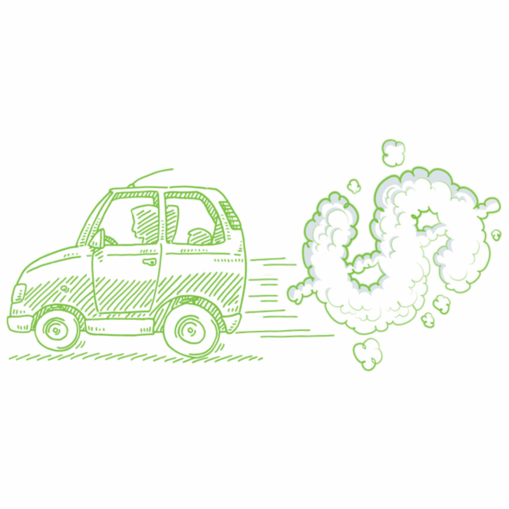 Illustration of a car with a cloud of emissions coming from behind the car in the shape of a dollar sign.