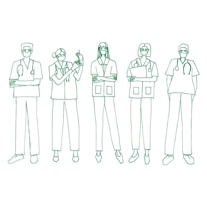 Illustration of five medical professionals standing in a row.