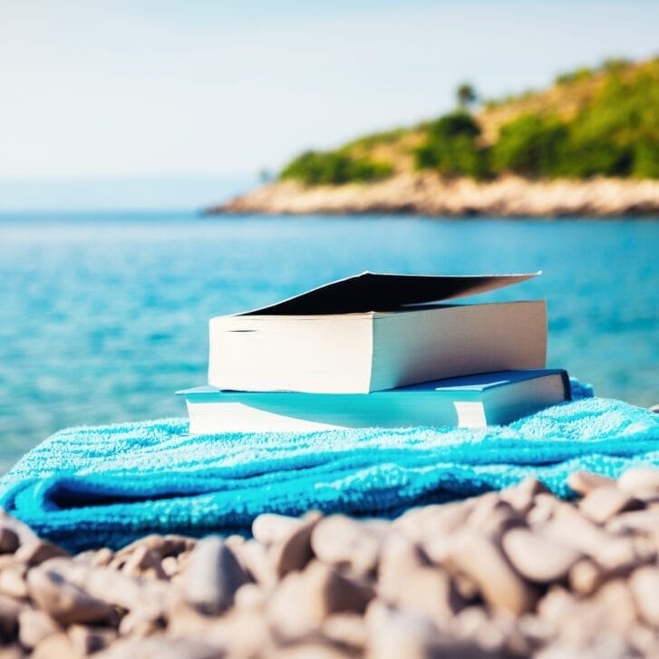 At a beach, two books sit on top of a blue towel on a rocky shore. The water is in the background, with trees blurred in thee distance.