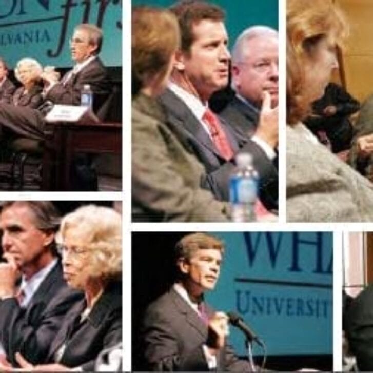 Photo collage of speakers at a leadership roundtable for Wharton's 125th anniversary.