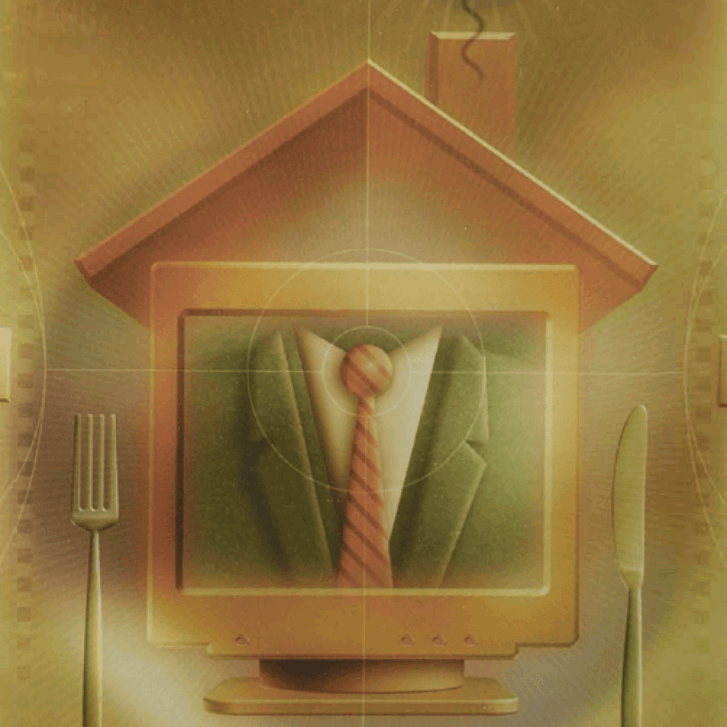 An illustration of a computer with a suit on the screen and a house roof on top of it as well as a knife, fork, and plate around it.