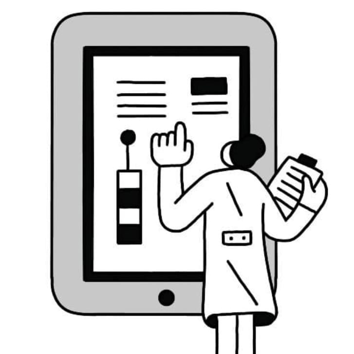 Illustrated black-and-white image of a doctor looking at a digital chart.