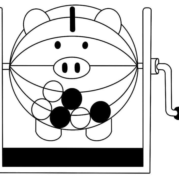 Illustrated bingo ball cage shaped as a piggy bank.