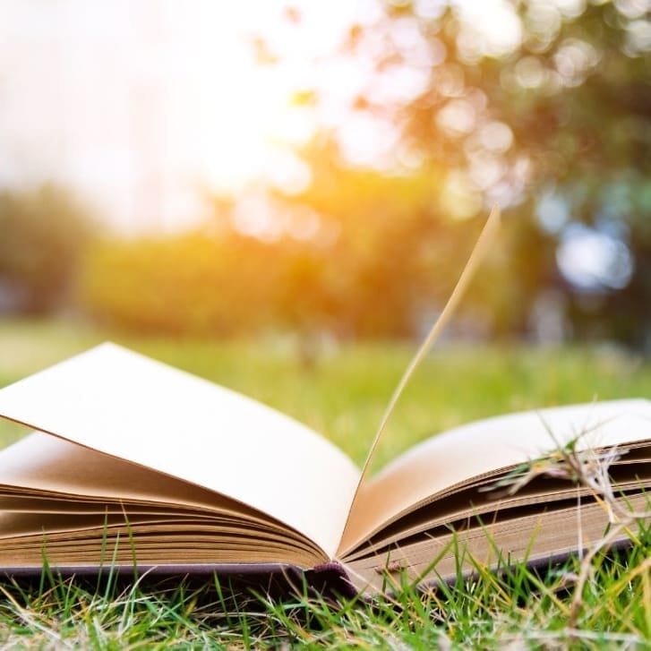 An open book in the grass.