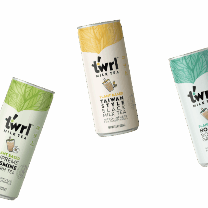 Three cans of Twrl Milk Tea in different flavors.