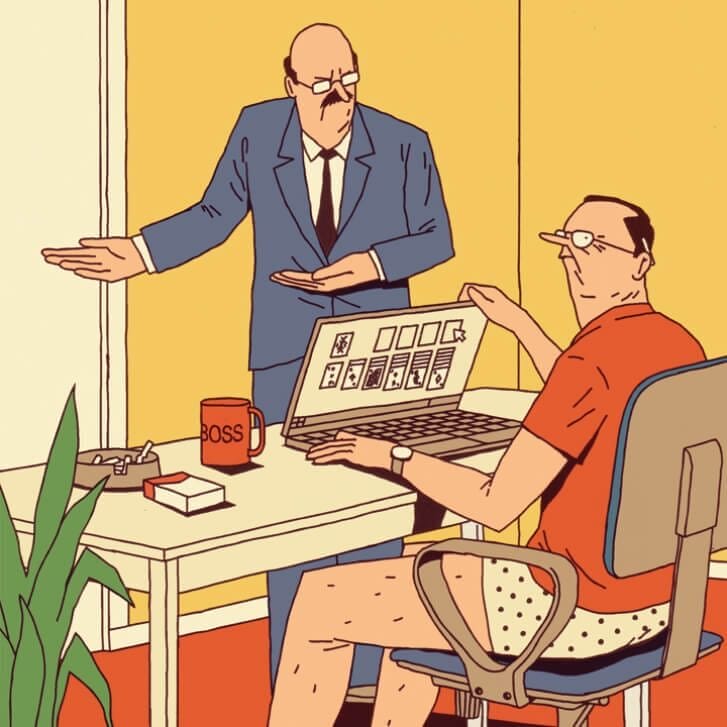 Illustration of an employee working from home, with an unhappy boss looking at them.