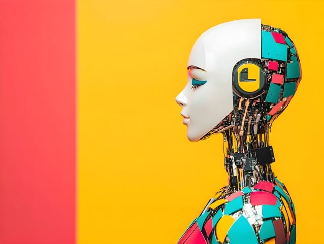Female robot's side profile next to a yellow background