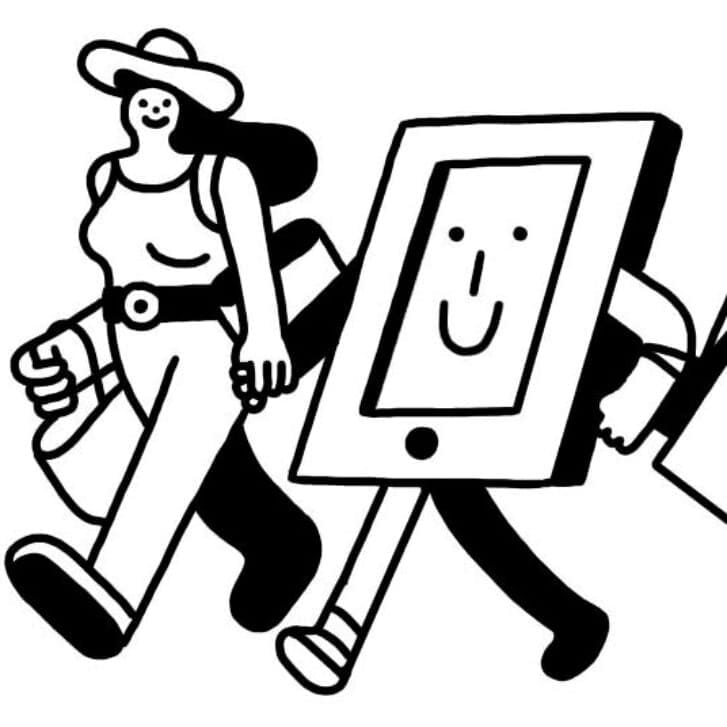 Conceptual illustration of a person shopping and holding hands with an iPad that is also shopping.