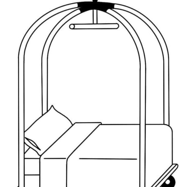 Illustration of a hotel bed on a luggage cart.