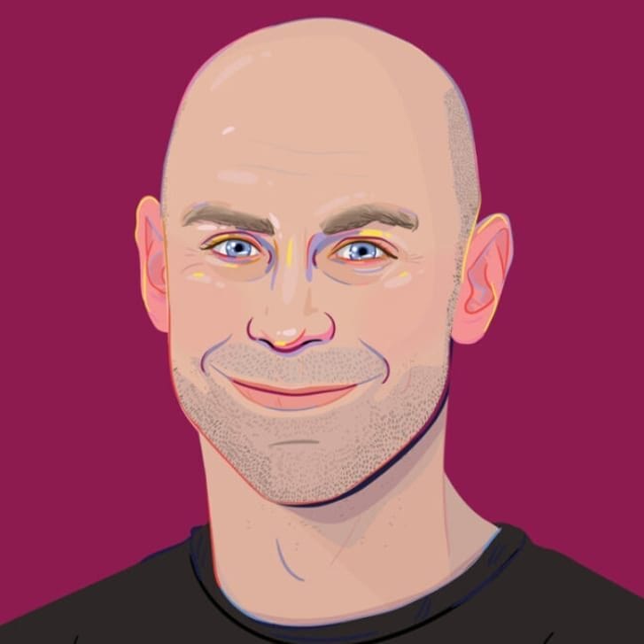 Illustrated portrait of professor Adam Grant against a maroon background.