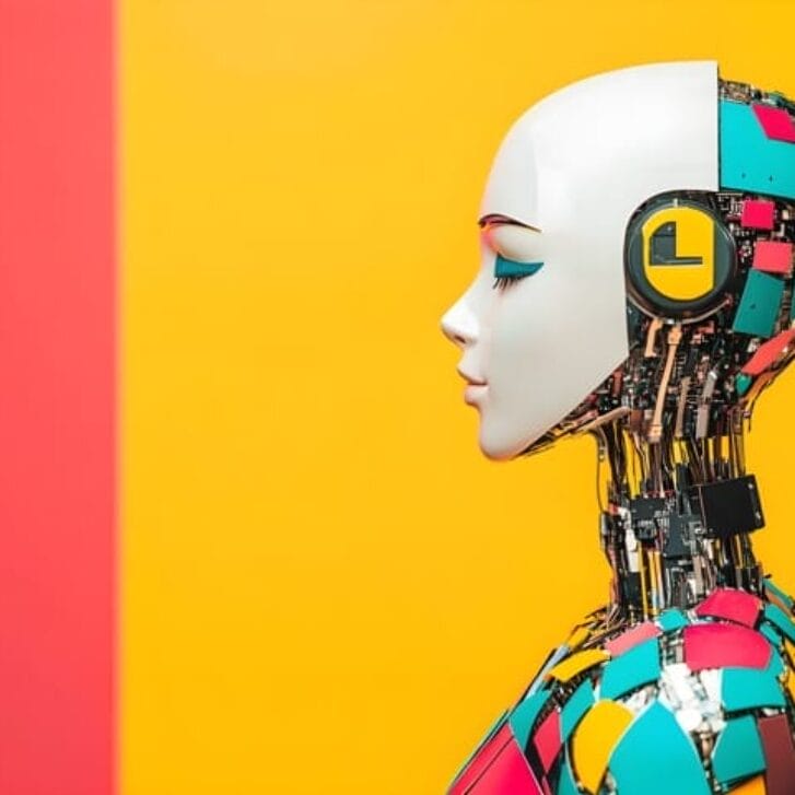 Female robot's side profile next to a yellow background