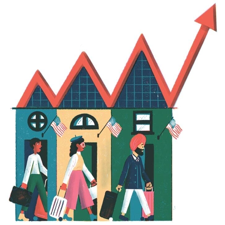 Illustration of immigrants from varying countries holding suitcases and standing below a line chart that is going up.