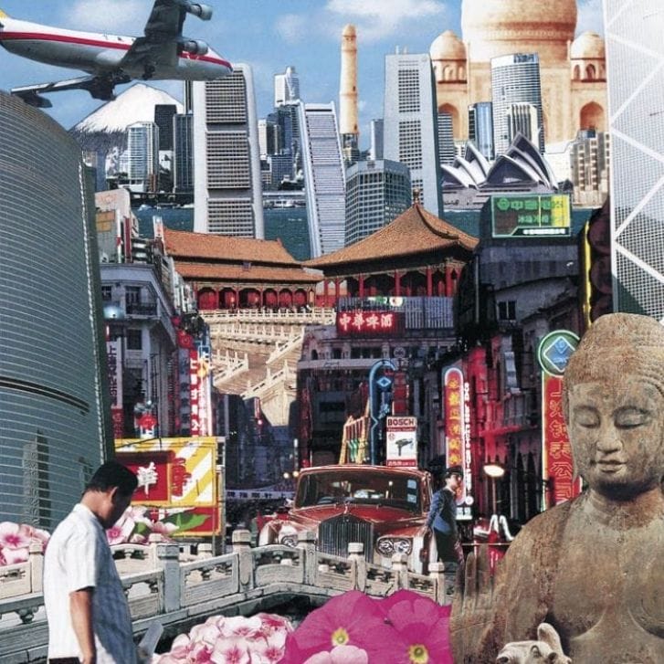 Collage of Asias icons. We can see many buildings, a person on a bridge. flowers. and a buddha statue