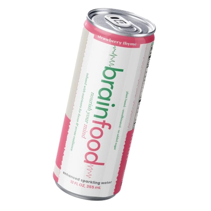 An aluminum can of BrainFood sparkling water.