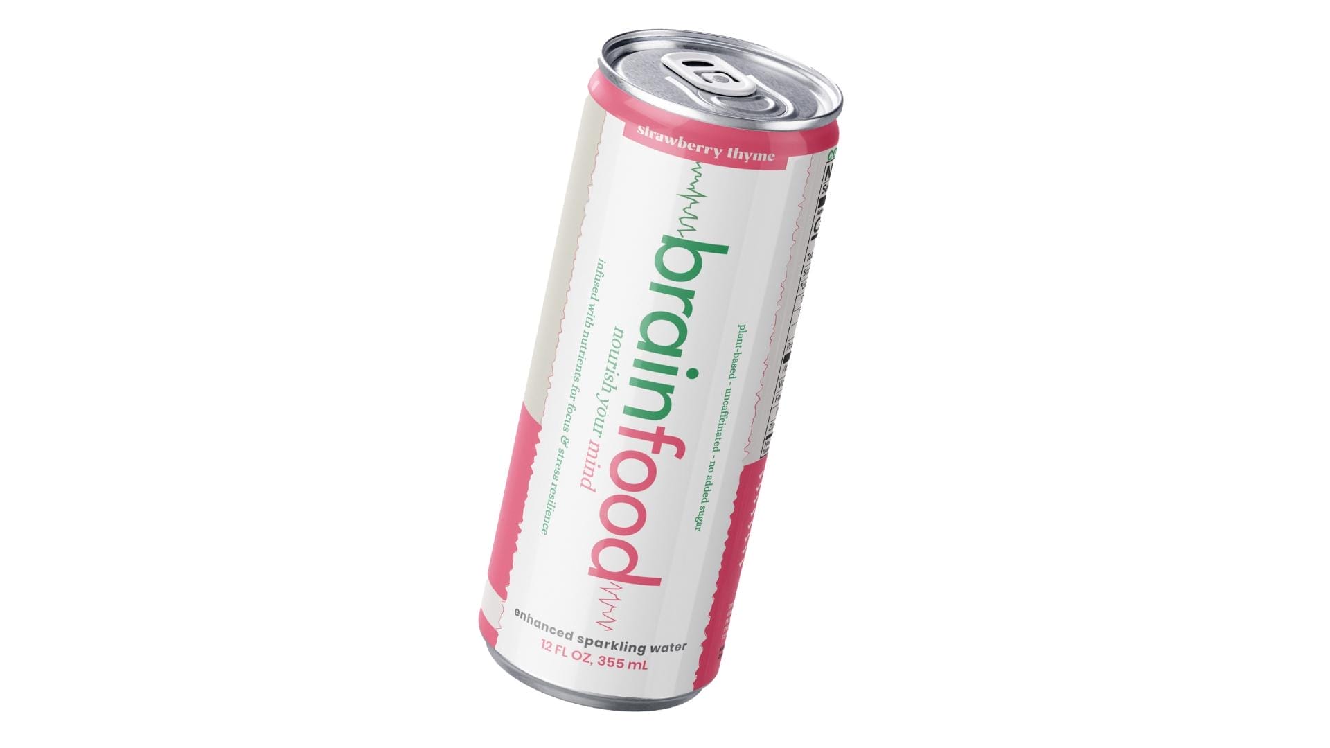 An aluminum can of BrainFood sparkling water.