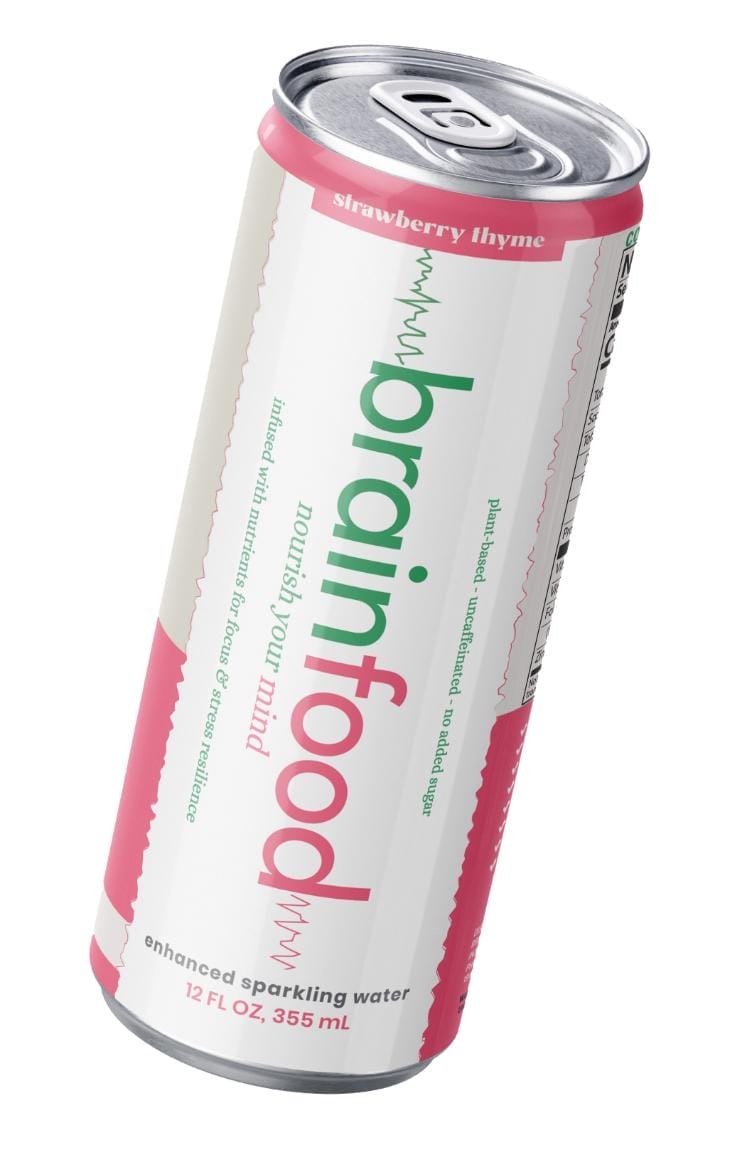 An aluminum can of BrainFood sparkling water.