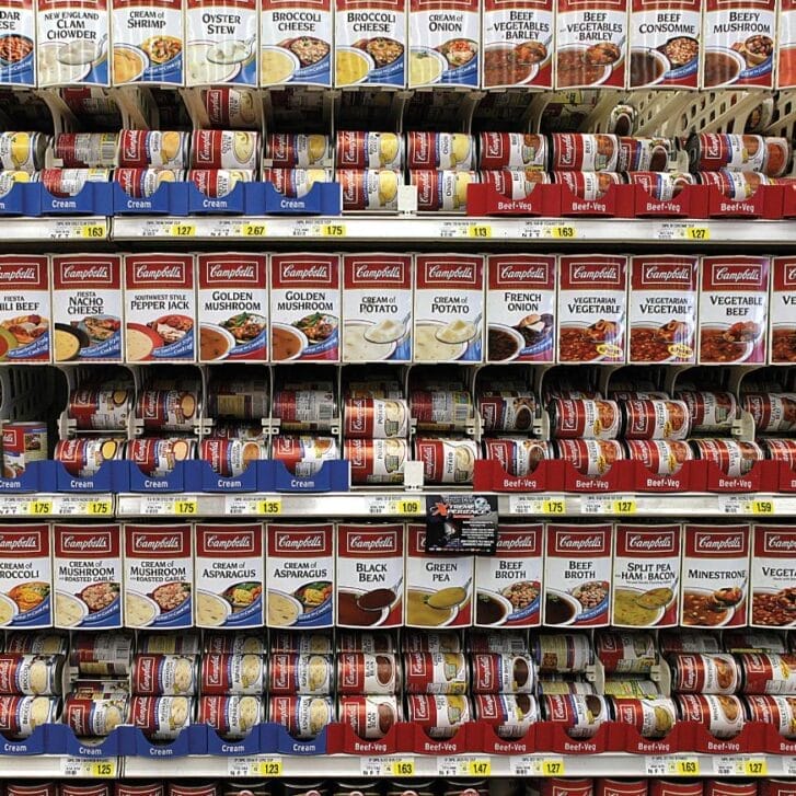 Campbell's soup cans on a store shelf.