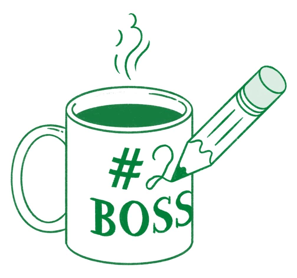 Illustration of a mug with the words "Number 2 Boss" on it.
