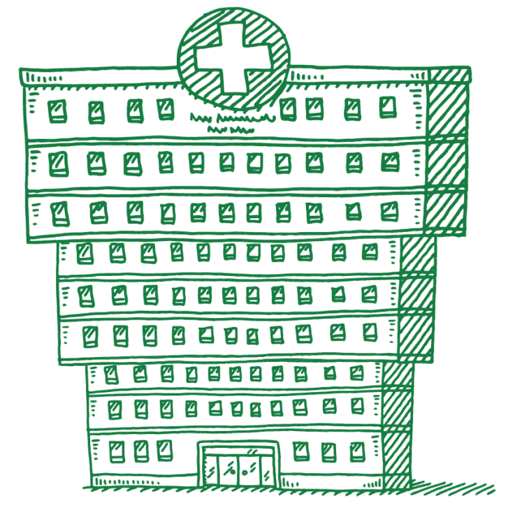 Illustration of a hospital with the floors inverted so that the biggest floor is at the top of the hospital.