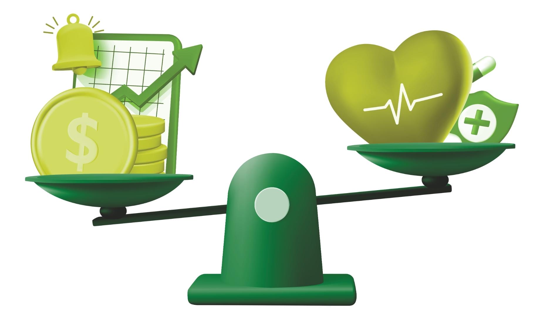 Illustration of a scale, with health care-related items on one side and revenue-related items on the other side.