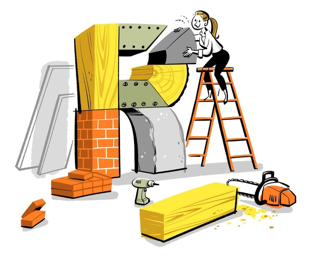 Illustration of a woman fitting a piece into a large "R" statue that she is constructing.