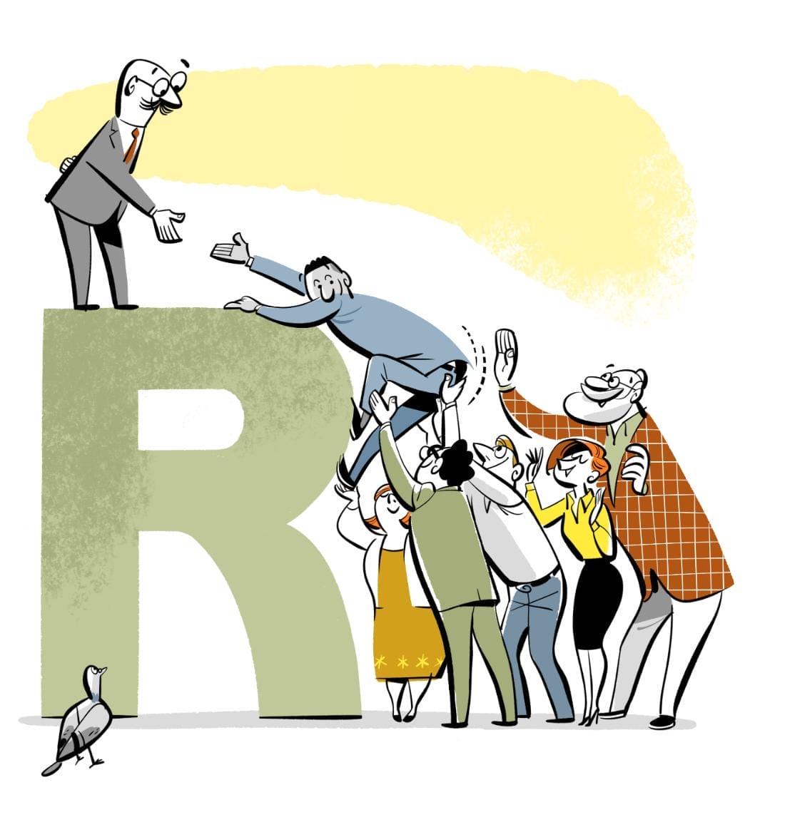 People helping each other climb on top of a big "R" statue.