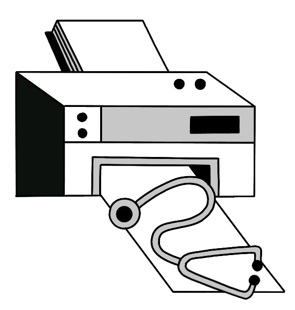Illustration of a printer that is producing a stethoscope.