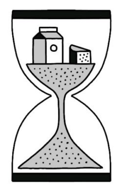 An illustrated hourglass with a carton and slice of cheese inside.