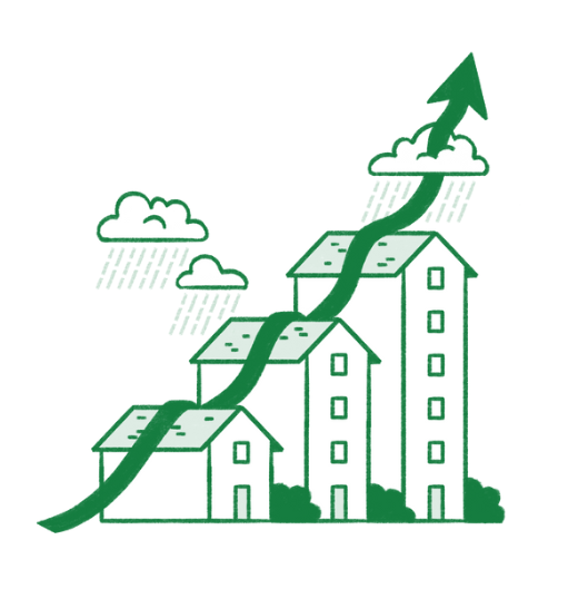 Conceptual illustration of three homes with an upward arrow rising above them into rain clouds.