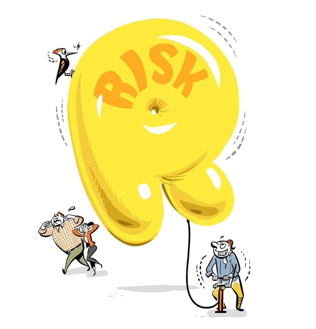 Illustration of a big balloon-like "R" labeled "Risk" that is being inflated.