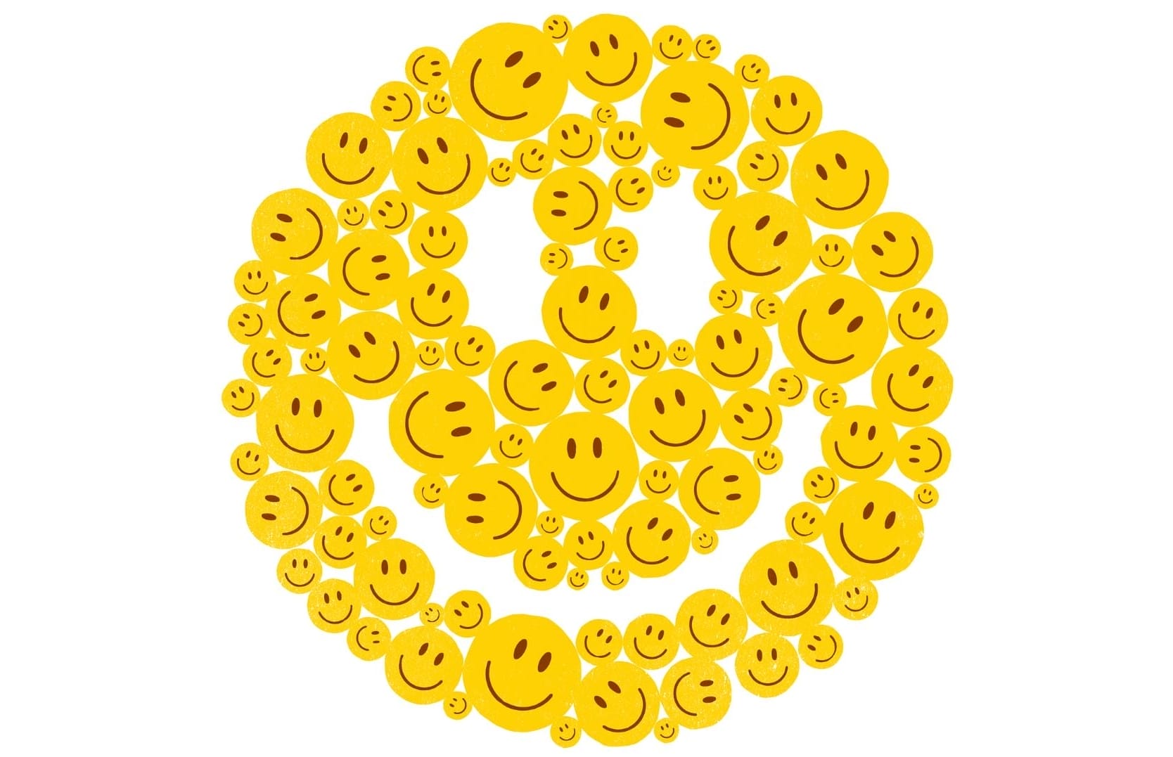 An illustrated smiley face made up of other smaller smiley faces.