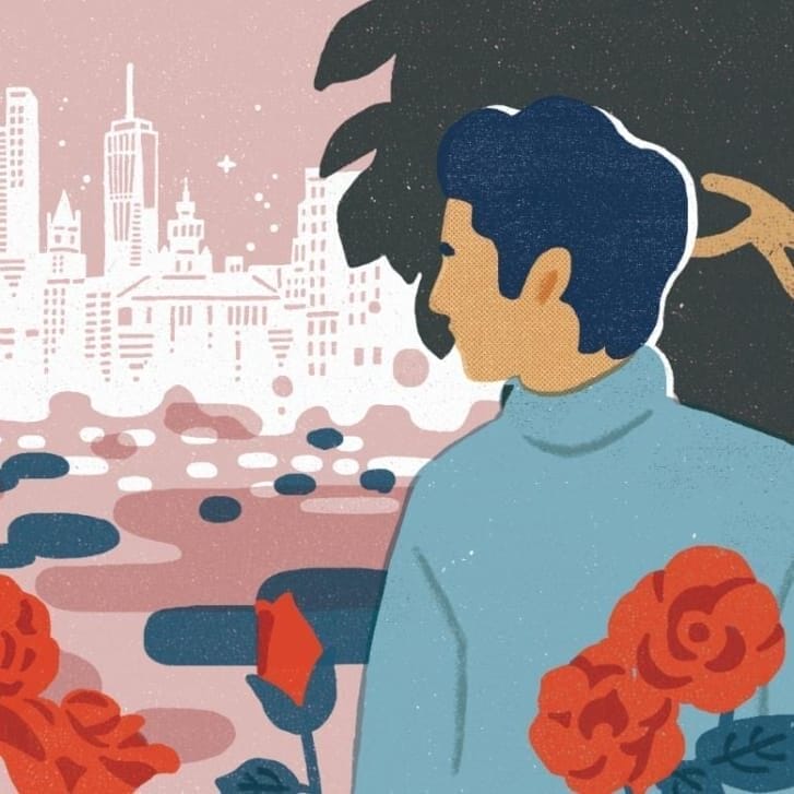 Illustration of a student in front of a bush with roses, staring back at a cityscape.