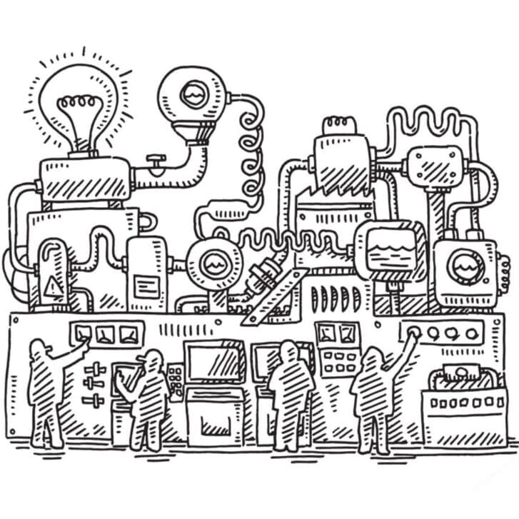 Illustration of a large machine with many coils, screens, and other parts and four people at the controls.