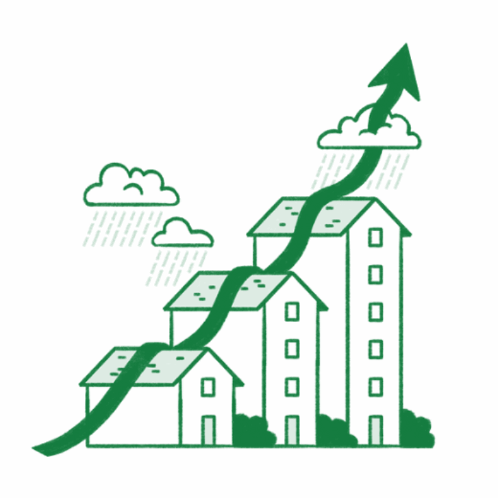 Conceptual illustration of three homes with an upward arrow rising above them into rain clouds.
