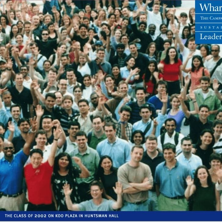 The Class of 2002 in Koo Plaza on the second story of Huntsman Hall.