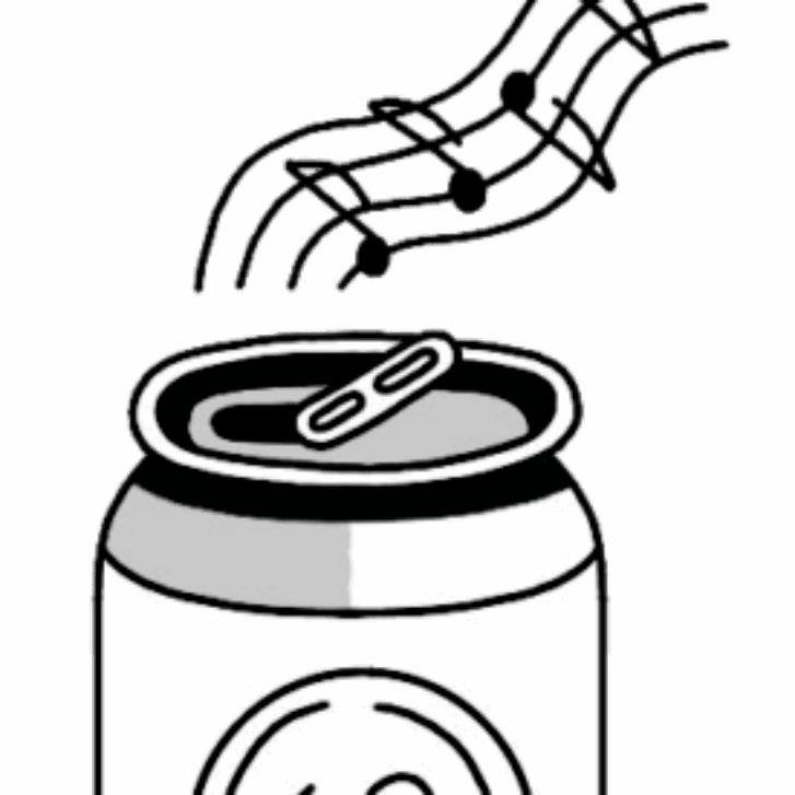 An illustrated can has music notes coming out of it.