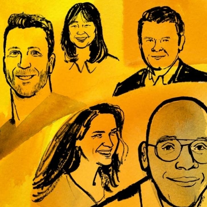 Collage of illustrated portraits of ten alumni in a gold and yellow palette.